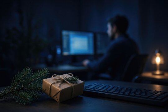 Brown gift box with twine and pine sprig on desk in dimly lit workspace
