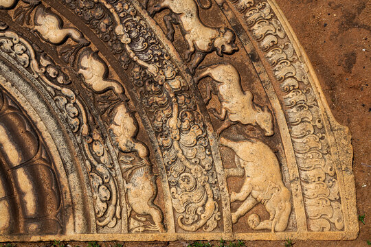 Detail of an ancient moonstone carved with an elephant and other animals, North Central Province, Anuradhapura, Sri Lanka