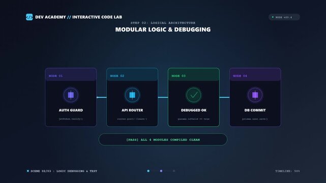 Interactive code lab and software development animation with IDE syntax typing, modular debugging workflow, and live responsive web app deployment.