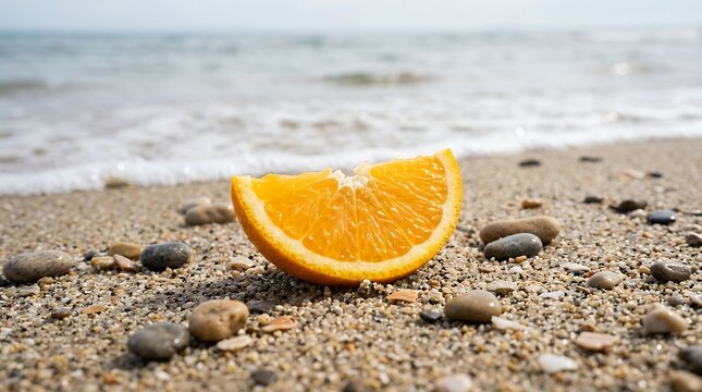 Fresh sliced citrus fruit piece resting upon natural coastal sandy beach shore alongside tiny coastal pebbles orange fruit food citrus slice fresh half juicy vitamin healthy snack organic nature