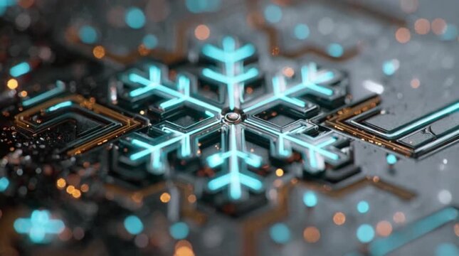 Intricate Macro Shot of Glowing Digital Snowflake on Advanced Circuit Board Architecture (AI Generated)
