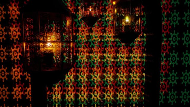 Moroccan brass lanterns cast glowing amber candlelight and intricate geometric shadow patterns in an ornamental architectural 3D animation