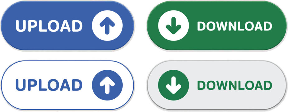 Upload and download button icon set featuring blue upload arrows and green download symbols, rounded pill UI elements, file transfer, vector illustration, design, concept.