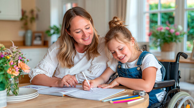 Mother helping her daughter in a wheelchair with homework at home, supporting education, learning and family inclusion