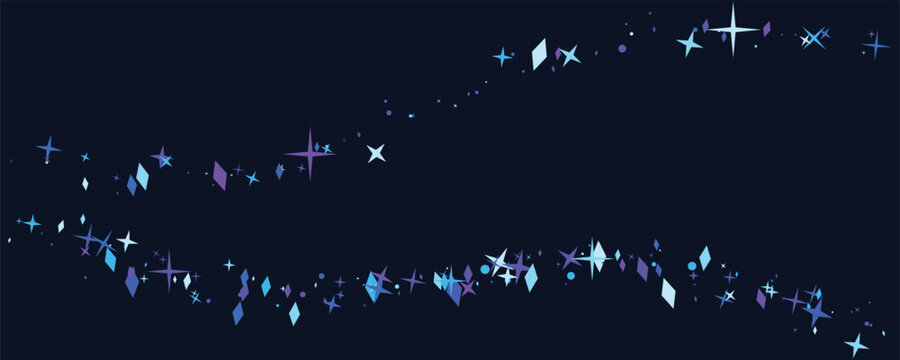 Sparkling abstract star and diamond shapes with blue and purple glitter floating on a dark navy background