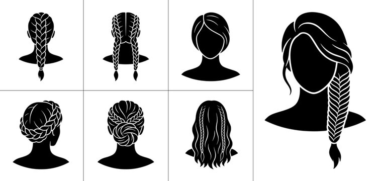 Hairstyle silhouettes set with braids and buns for women, beauty and salon logos