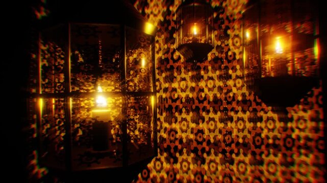 Golden Ramadan lanterns glow and cast warm amber arabesque geometric light patterns across an atmospheric dark room in a 3D motion background