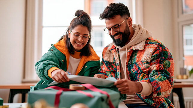 Happy couple wrapping a gift together at home, smiling while preparing a present with colorful paper and ribbon for a celebration