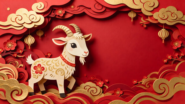 Red and gold paper cut goat for Lunar New Year with copy space