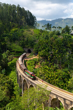 Freight train crossing the Nine Arch Bridge in the jungle, Uva Province, Ella, Sri Lanka