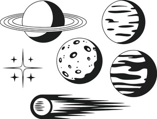 Vintage planet icon set featuring retro celestial bodies, Saturn rings, textured spheres, classic astronomy symbols, space exploration graphics, vector illustration, design, concept. © sumon