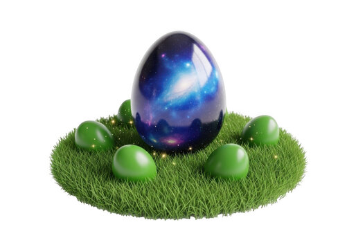 Galaxy pattern easter egg standing in the middle of green grass isolated on transparent background
