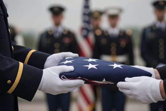 Close-Up of Gloved Hands Presenting the Folded American Flag at a Military Funeral Ceremony with Soldiers Standing in the Blurred Background