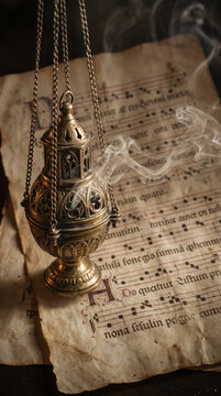 Hanging Brass Church Censer Smoking Above Old Sheet Music