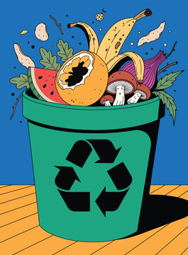 Colorful Green Compost Bin Filled with Organic Food Scraps Vector Illustration