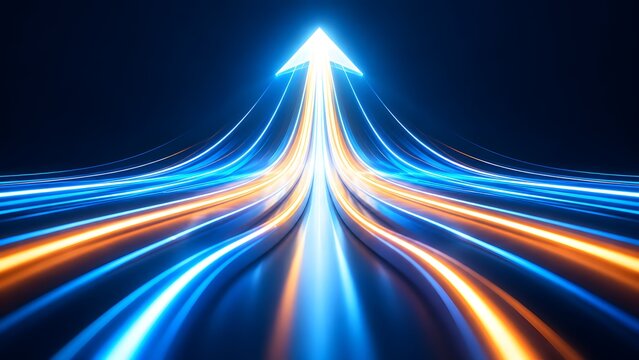 Symmetrical blue and orange glowing light streams converging and rising into a bright upward arrow on a dark background for synergy and fast progress