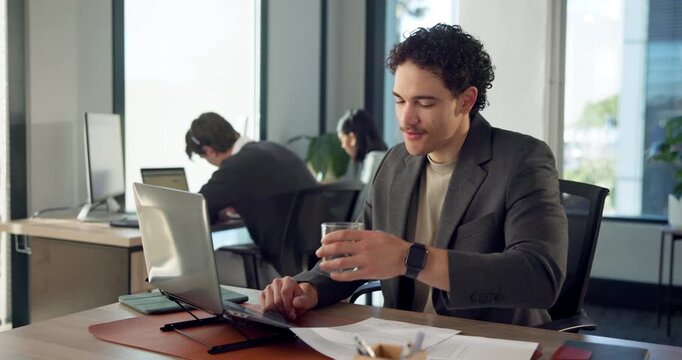 Water, laptop and research with business man in office for account review, payroll admin and report. Portfolio manager, budget and online expense claims with hydration and drink in coworking agency