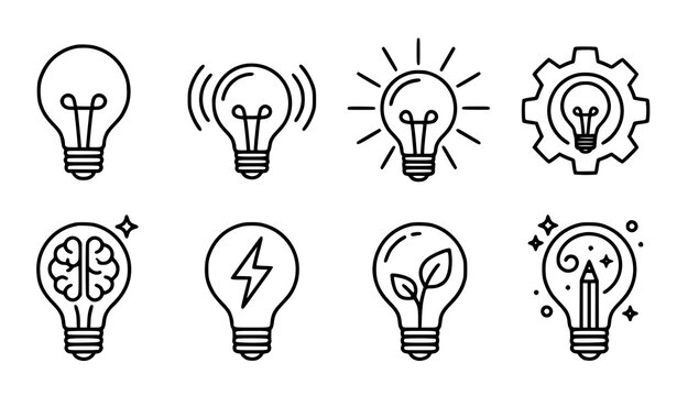 Light bulb line icon set featuring idea, innovation, creativity, brain, lightning energy, gear engineering, eco green leaf and pencil inspiration symbols for business and education design