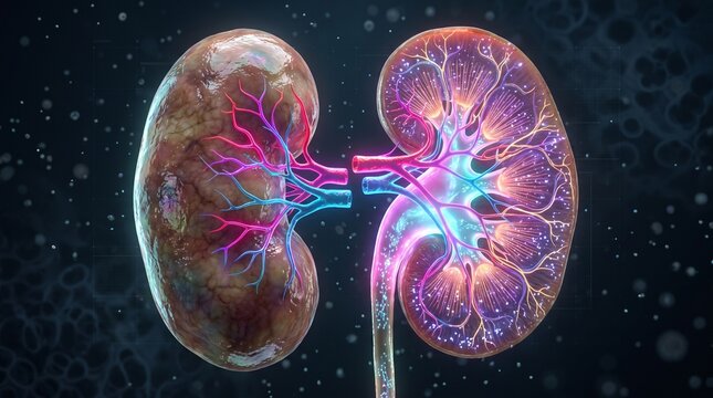 Detailed 3D medical illustration of the human kidney anatomy showing the external surface and internal cross-section with glowing vascular structures and renal system details