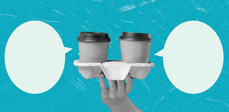 Art collage of a hand carrying two takeaway coffee cups between speech bubbles