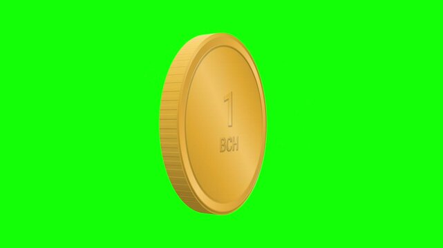 3D golden Bitcoin Cash coin spinning against a bright green screen background for digital compositing.