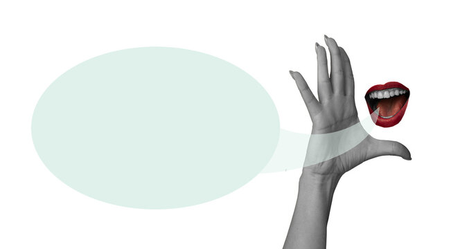 A grayscale hand reaches toward a red mouth with visible teeth, beside a pale green speech bubble on a transparent background, in a conceptual studio setting.