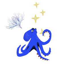 Cute blue octopus character with gold stars and coral isolated on white background, marine life vector illustration, funny sea animal cartoon icon © ArTas