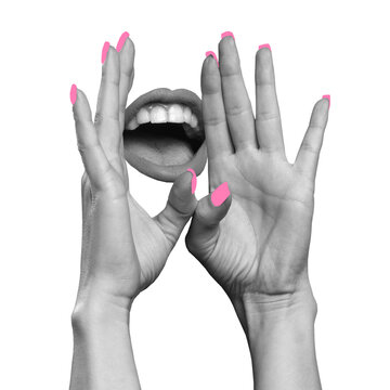On a transparent background, a person raises both hands with fingers spread and pink nail polish while opening their mouth behind the hands.