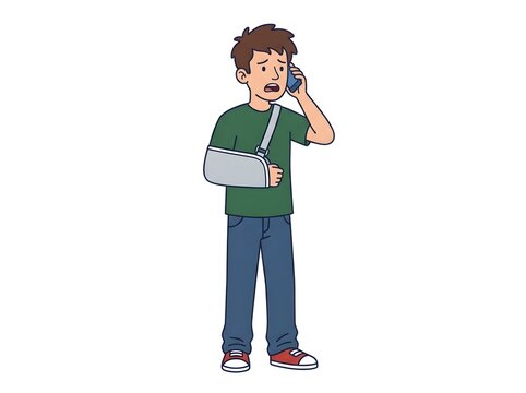 Young man with broken arm in sling talking on mobile phone isolated on white background illustration