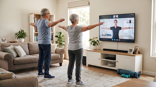 Senior couple following virtual physiotherapy session on television