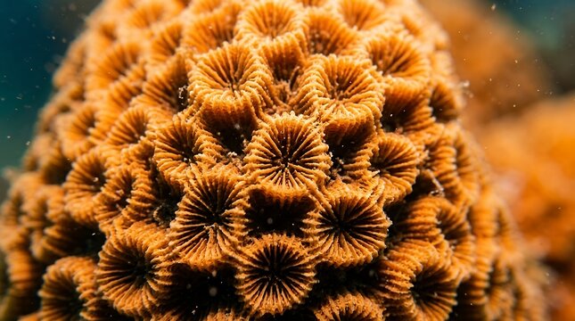 Natural organic texture macro backgroundmarine reef hard coral colony skeleton showing detailed microscopic porous patterns underwater ocean life and vibrant warm orange coral color aesthetics