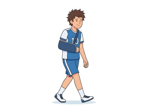 Sad young soccer player wearing blue uniform with arm sling walking isolated on white background art