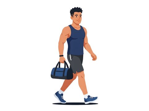 Muscular man walking with gym bag wearing athletic clothes isolated on white background for fitness