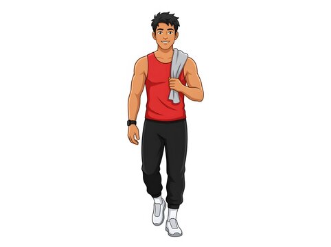 Fit young man in sportswear walking with a towel after gym workout isolated on white background art