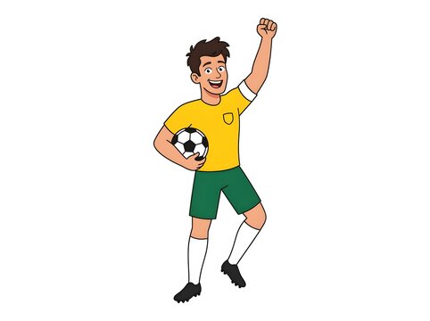 Happy soccer player holding ball celebrating victory wearing yellow jersey and green shorts illustration
