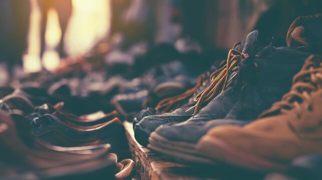 Rows of pre worn shoes in various styles on display
