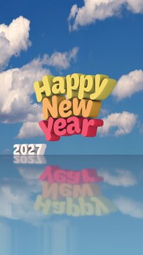 Happy New Year 2027 Toy Letter Animation with Timelapse Clouds Vertical Video Background.