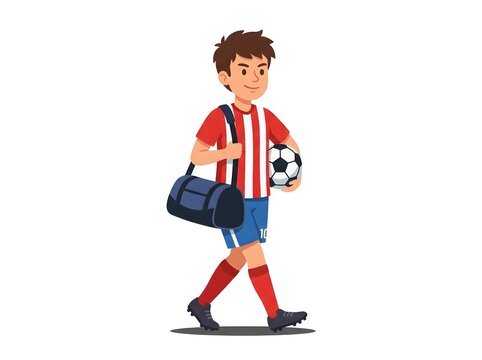 Young soccer player walking with ball and sports bag isolated on white background for sports design