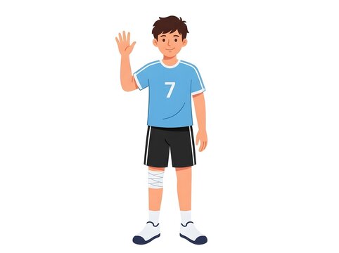 Young soccer player waving hand wearing blue jersey with number seven and bandage on injured knee leg