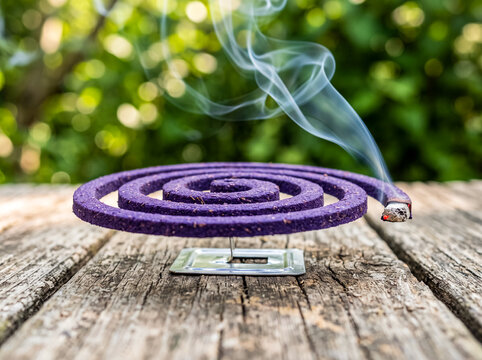 Violet mosquito repellent coil burning with dynamic white smoke trail