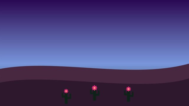 Minimalist animation of a desert landscape transitioning from sunset with a warm sun to nighttime with a crescent moon, stars, and blooming cacti flowers.