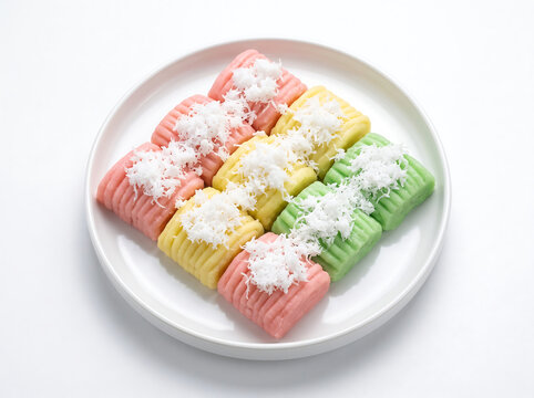 Traditional Indonesian cassava snack Gethuk Lindri in colorful pink yellow and green topped with grated coconut
