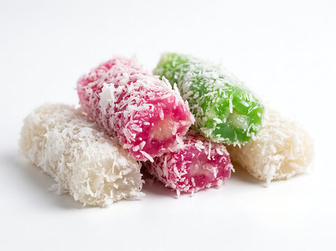 Traditional Indonesian sweet sticky cassava rolls coated with shredded coconut isolated on white background