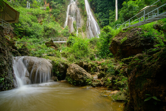 Scenic Waterfall at Namtok Than Behind the Gorge in Natural Setting