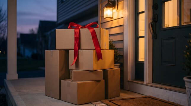Stack of cardboard delivery boxes with red ribbon gift bow left on a