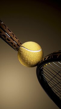 Loop Tennis ball bouncing between two rackets with visible spin and felt dust in warm studio light, close-up dynamic midair action shot that emphasizes texture and impact.