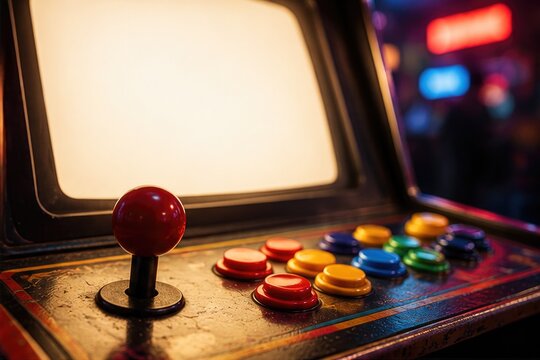 Close-up of red ball top joystick and colorful buttons on arcade control panel