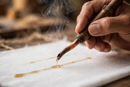 Close-up of artisan hand applying hot wax with copper canting tool on white fabric in traditional Indonesian batik making process