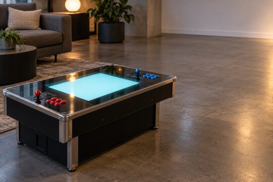 Cocktail table arcade game with glowing screen in modern loft living room