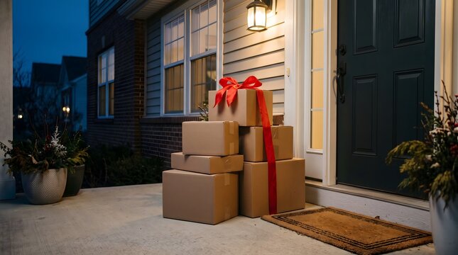 Stack of cardboard delivery boxes with red ribbon on residential